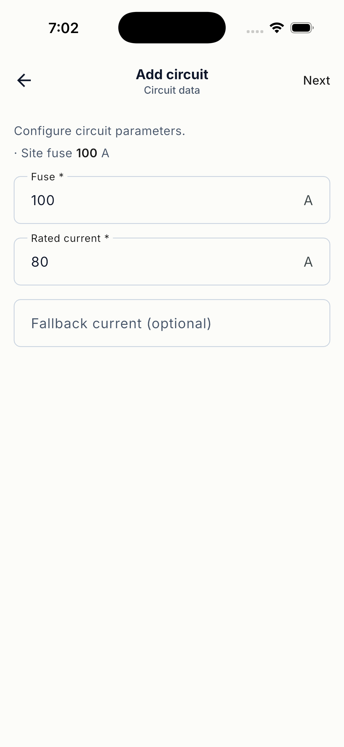 Configure the electrical values for the circuit