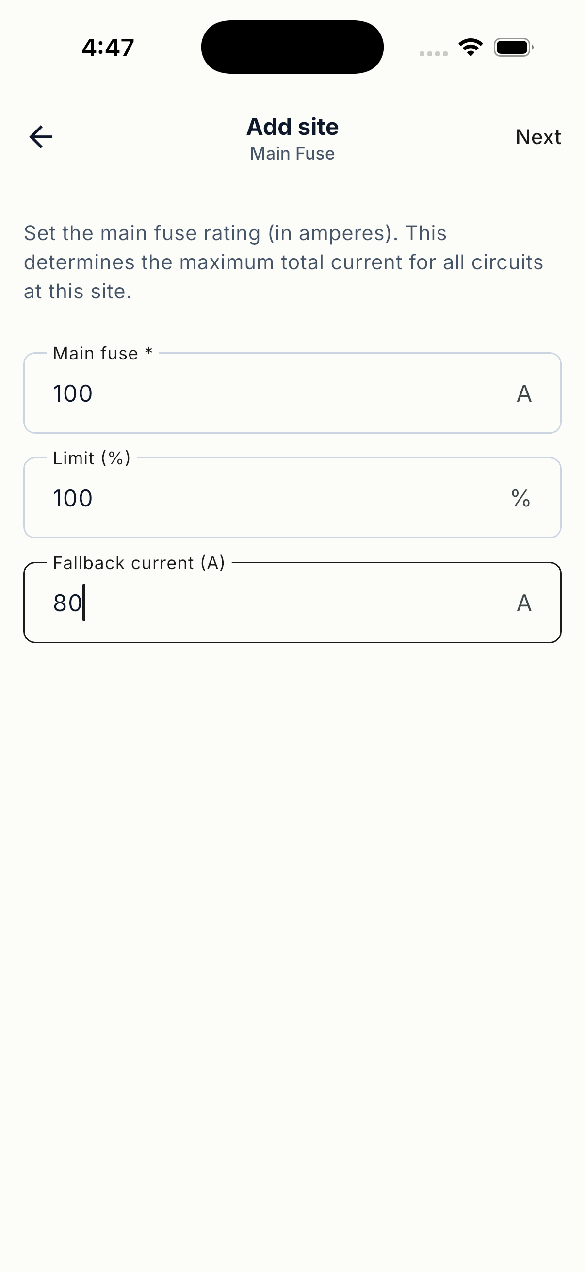 Enter the site main fuse value
